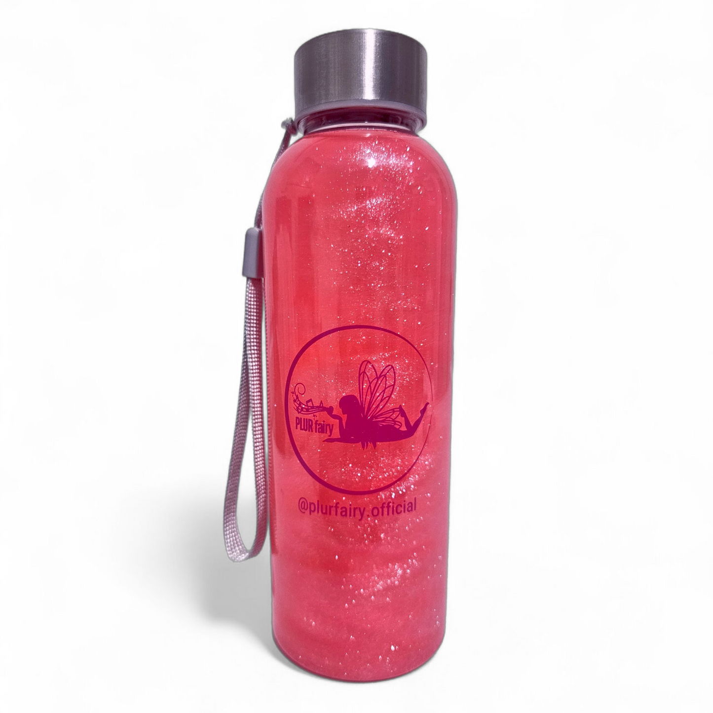 PLUR fairy dust sparkling inside a fairy dust branded water bottle for festival and rave babes