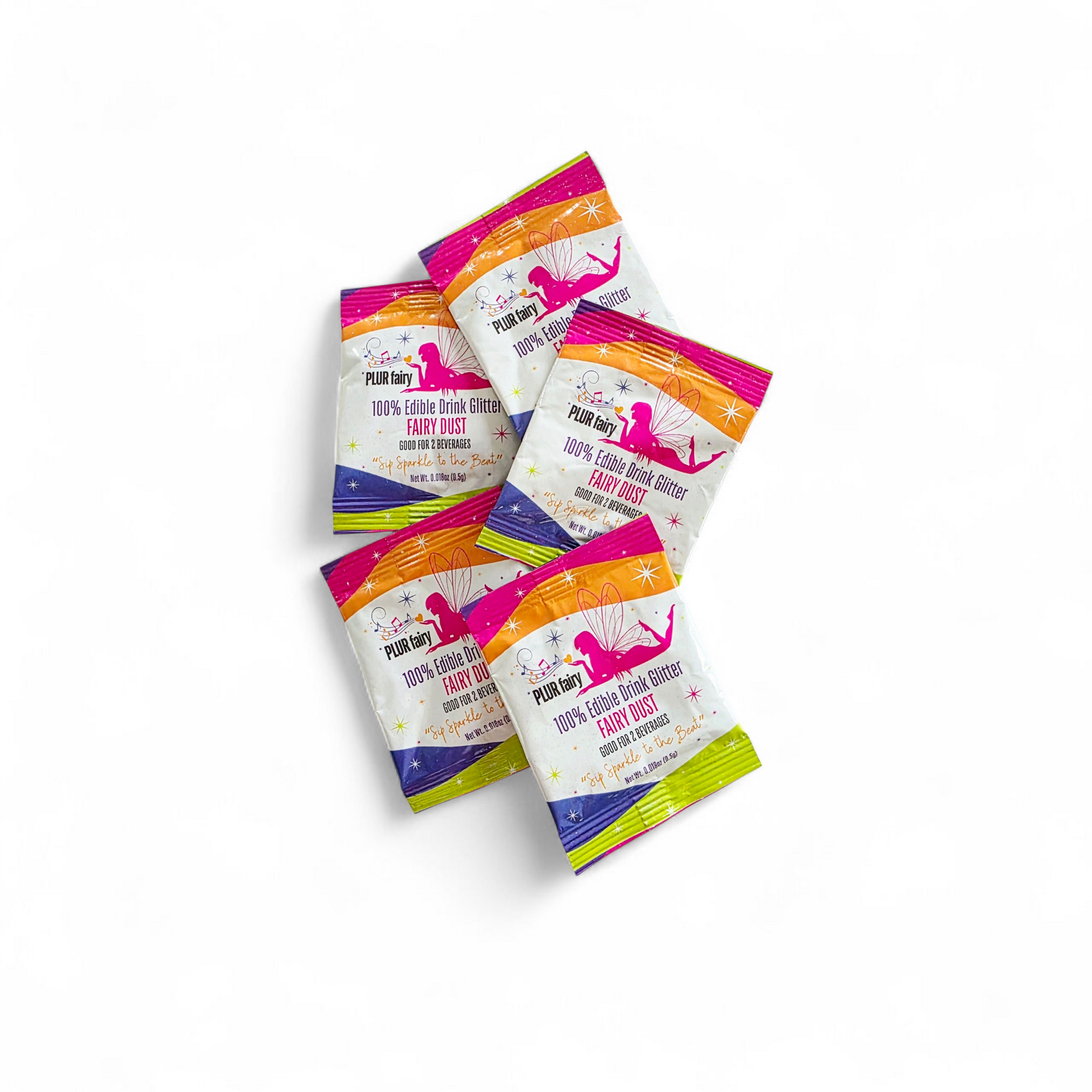 5 pack of PLUR fairy dust edible drink glitter packets flat layed for festivals, raves and parties.