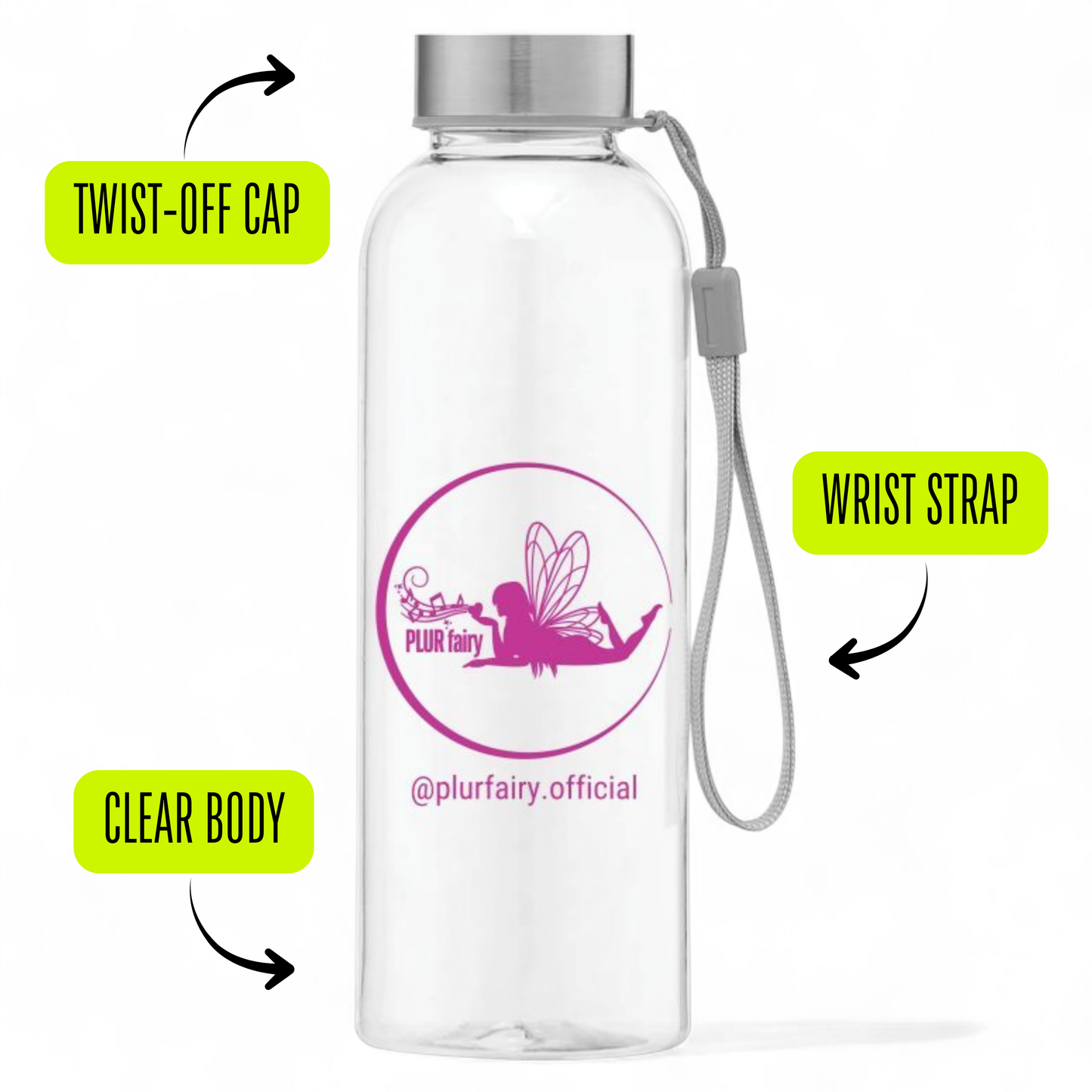 PLUR fairy clear water bottle with feature labels and twist off cap
