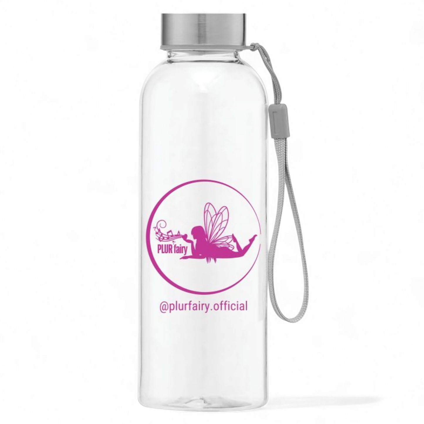 Clear PLUR fairy bottle with wrist strap and logo