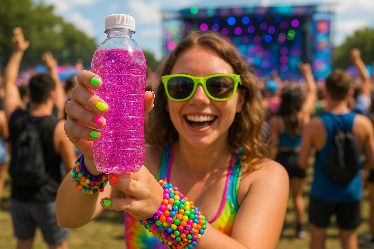 Close-up of PLUR Fairy dust edible drink glitter making water sparkle at an EDM festival party.