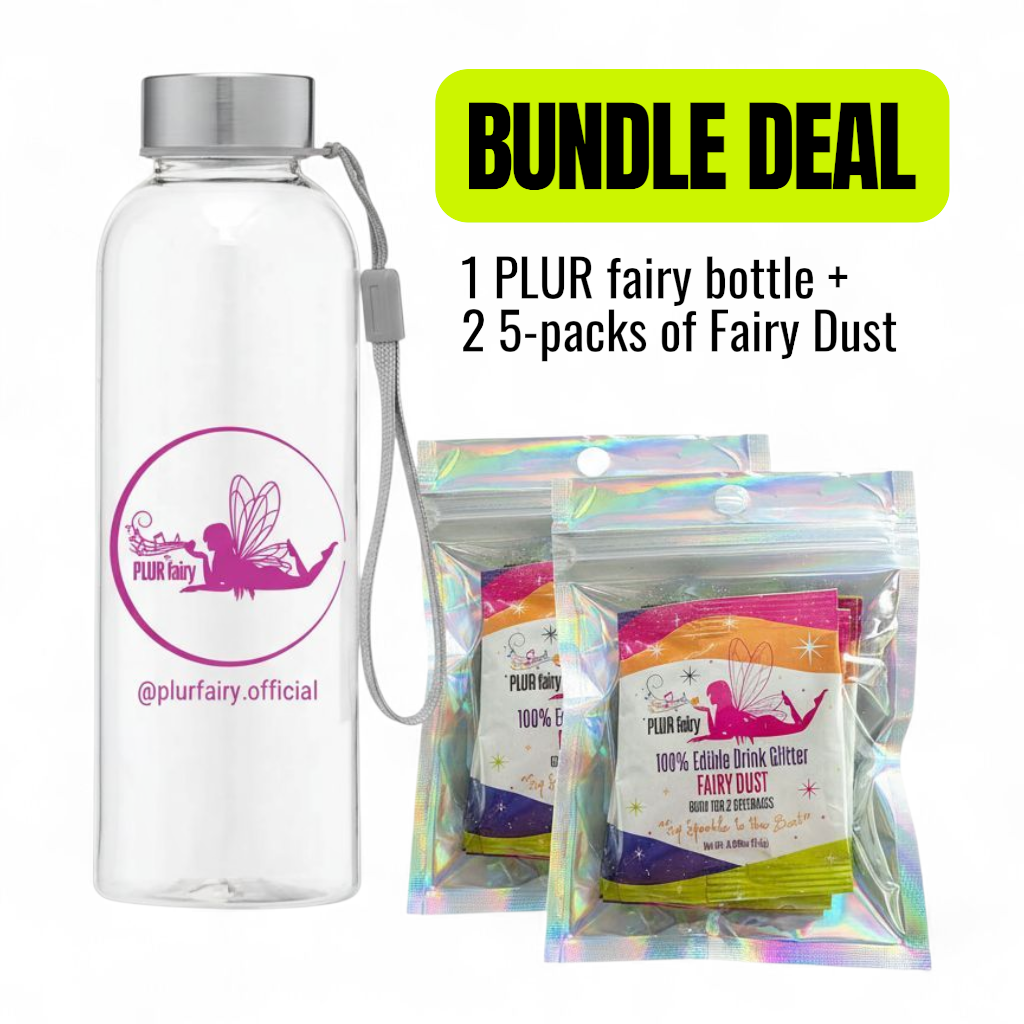 plur fairy clear water bottle and 2 5-pack of fairy dust