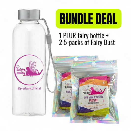 plur fairy clear water bottle and 2 5-pack of fairy dust