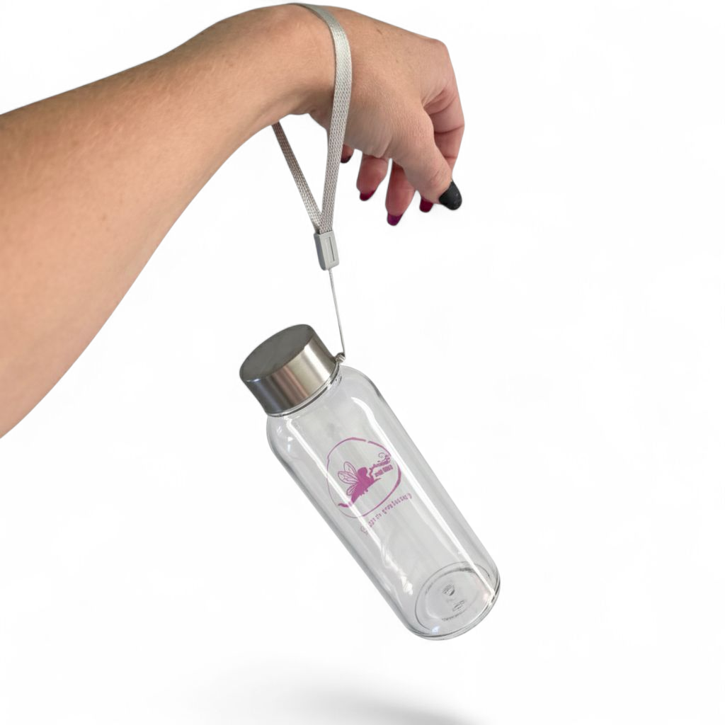 PLUR fairy water bottle .on wrist. Wrist strap close-up