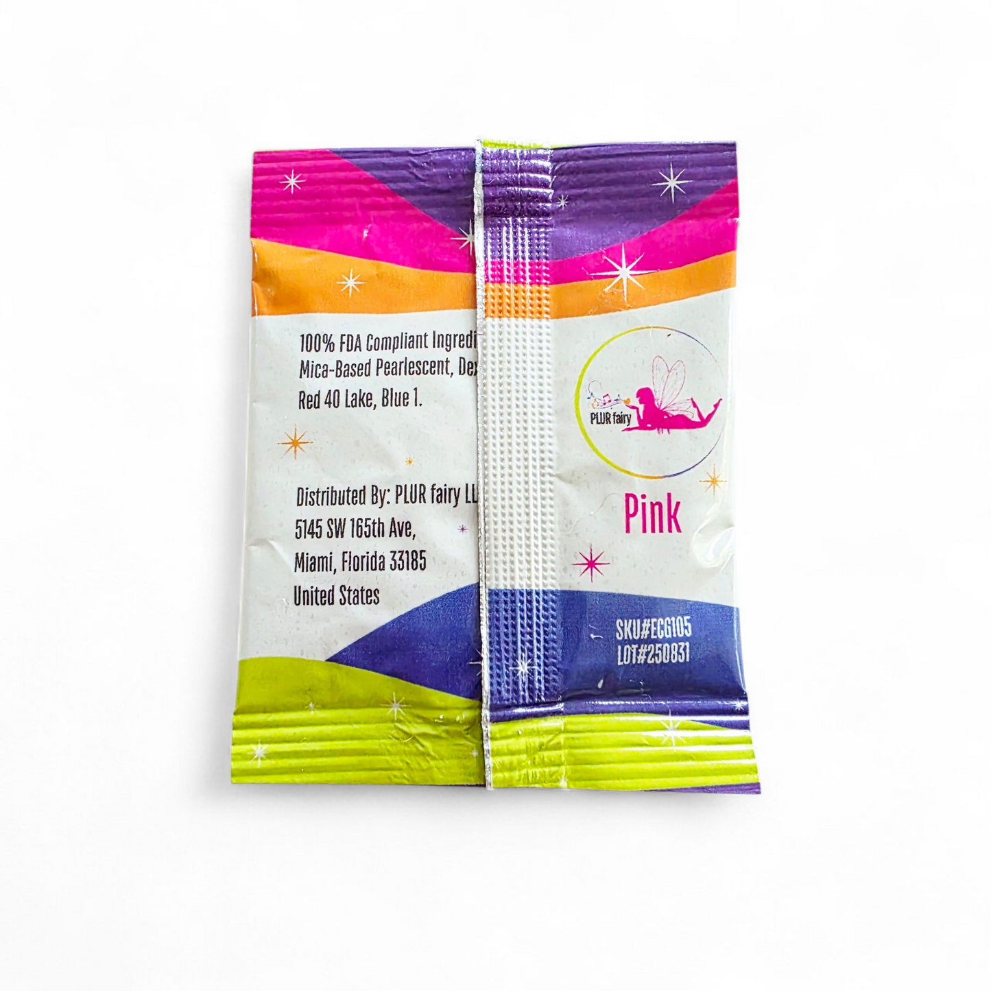 Back of PLUR fairy edible drink glitter packet for festival and rave babes