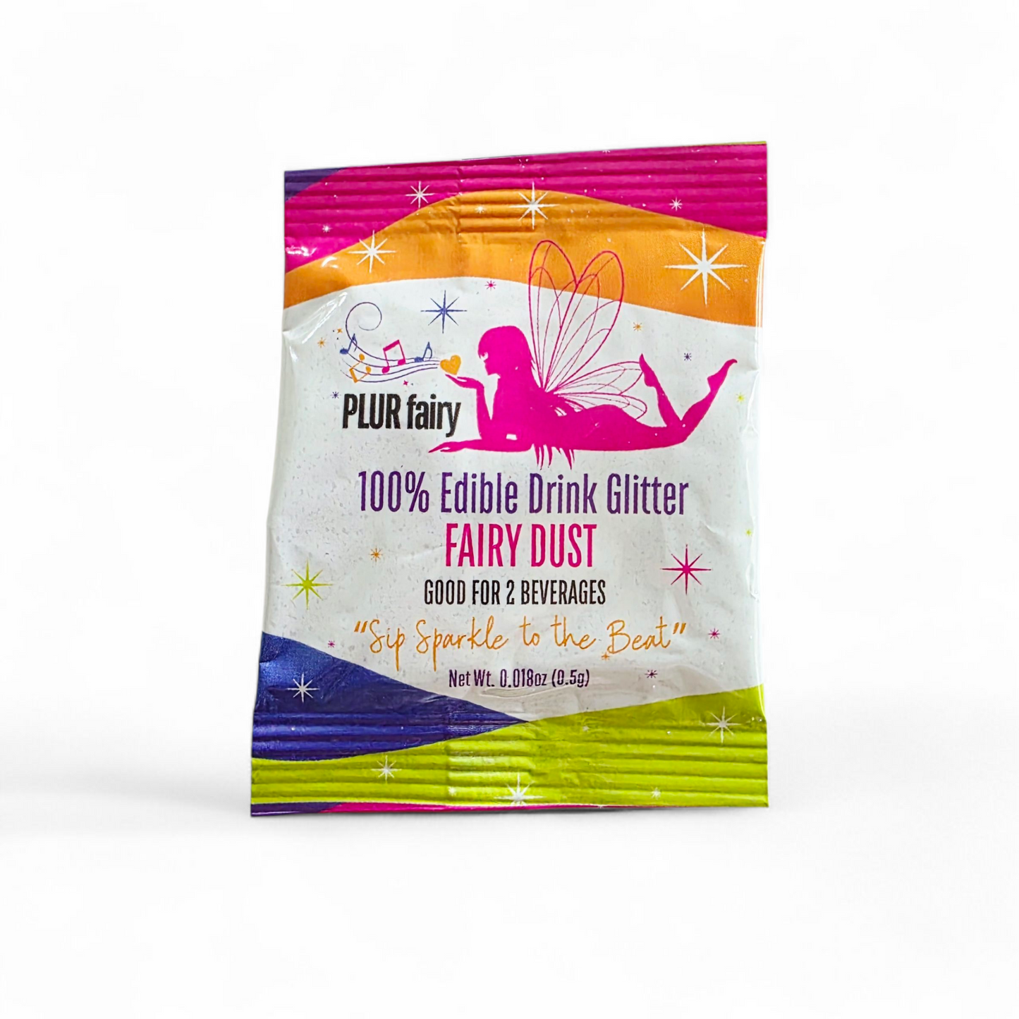 Front of PLUR fairy edible drink glitter packet for festival and rave babes